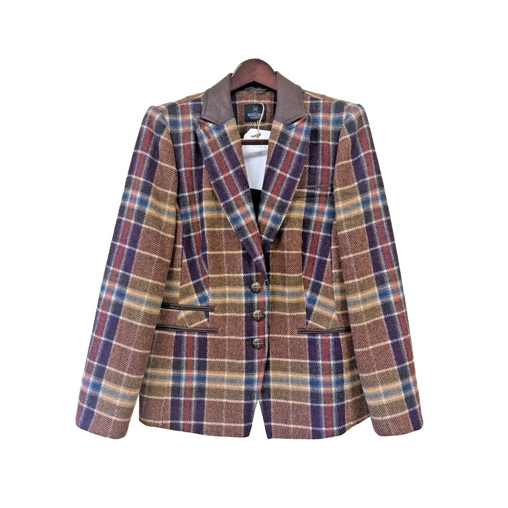 Madeleine 3 Button 100% Wool Check tweed blazer US 14 Brown Purple Blue